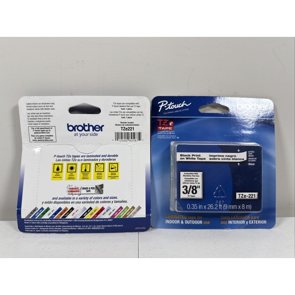 2 Pack Brother TZe-221 P-Touch Label Tape 3/8"‎ Black/White TZE221-2PK